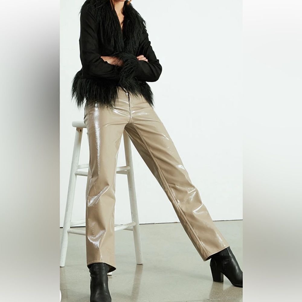 PacSun Faux Patent Leather Boyfriend Pants Tan Lacquered Coated High Waist
